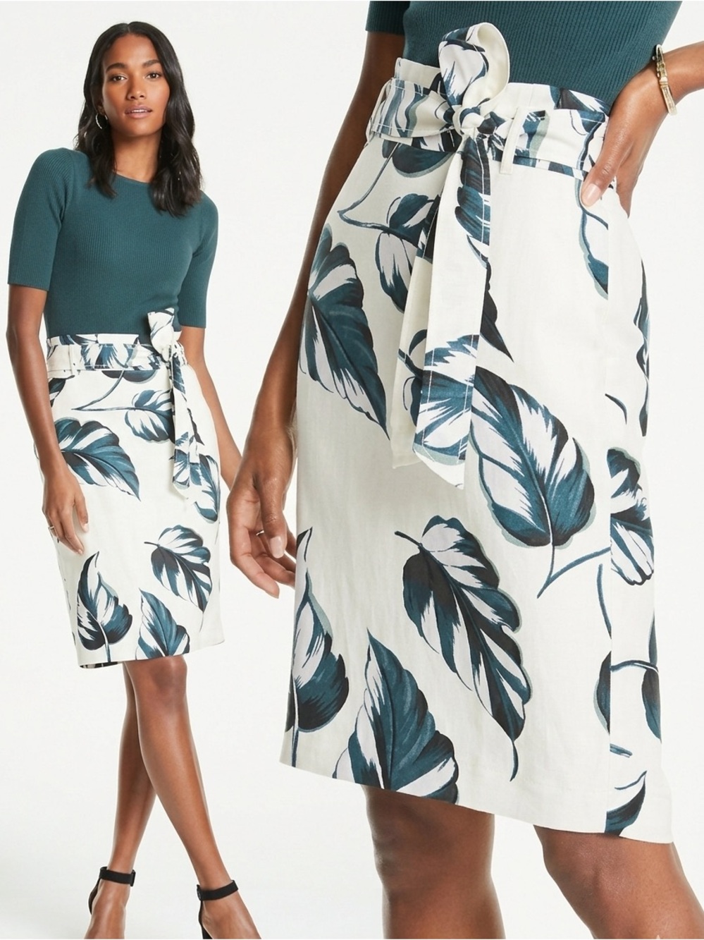 Ann Taylor Ivory Teal Leaves Linen Blend Tie Waist Pencil Skirt Size 8 Petite